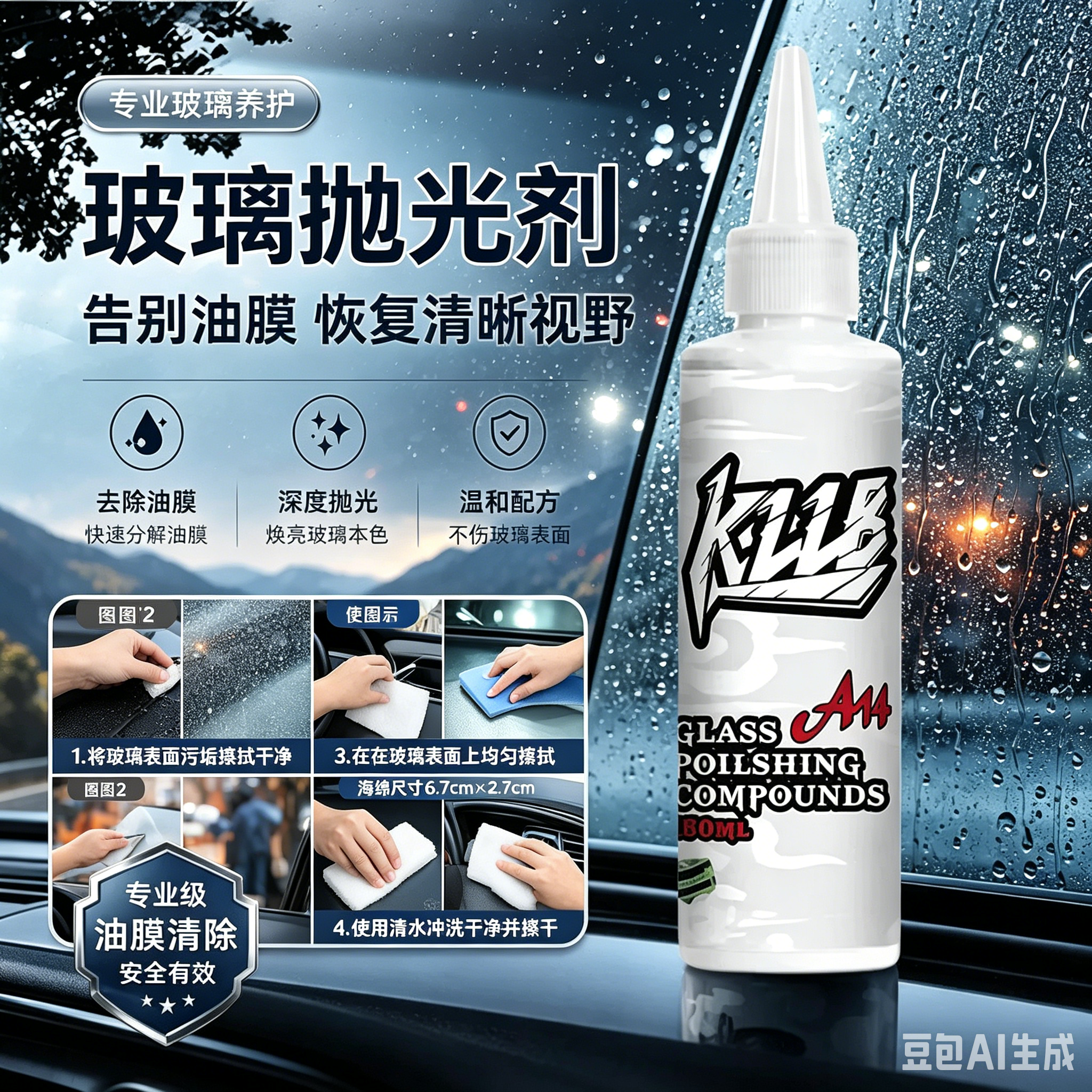 【强效去油膜】多功能玻璃清洁剂汽车玻璃油膜氧化水渍痕抛光液MD