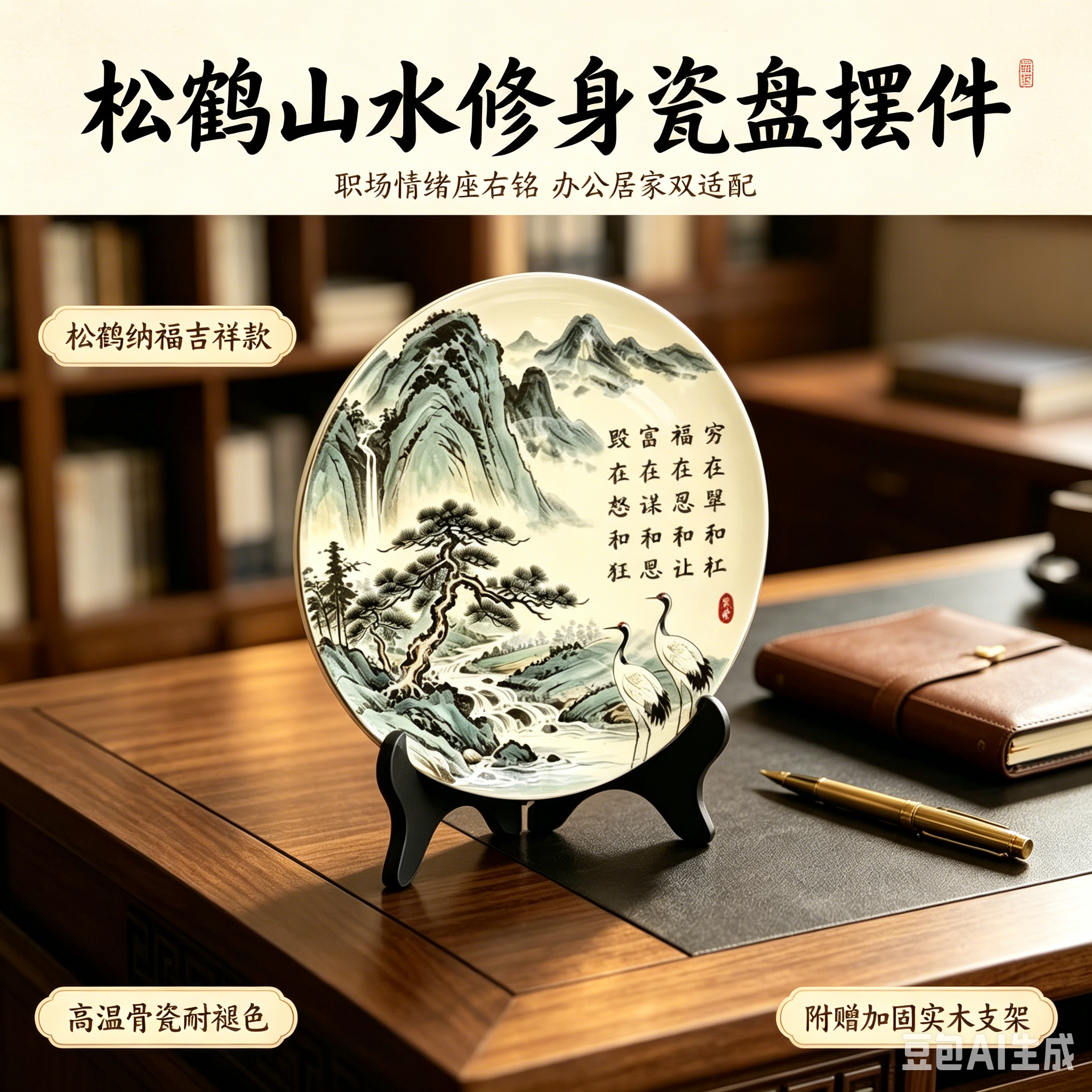 【福在忍和让】新中式摆件办公室桌面摆台山水字画家用玄关摆盘xy