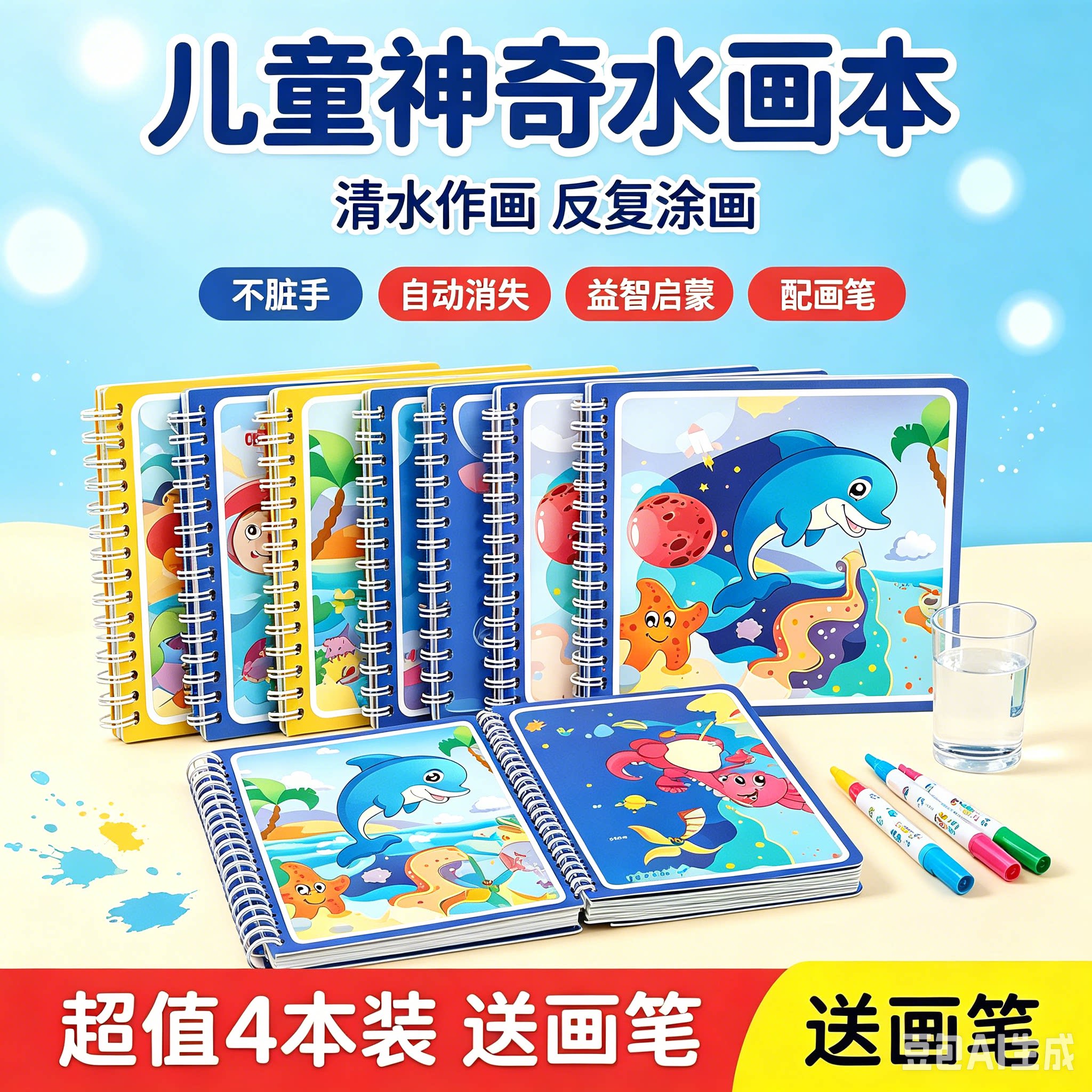 【锻炼思维】儿童画本涂色绘画画套装反复填色水彩画益智水画HQ7