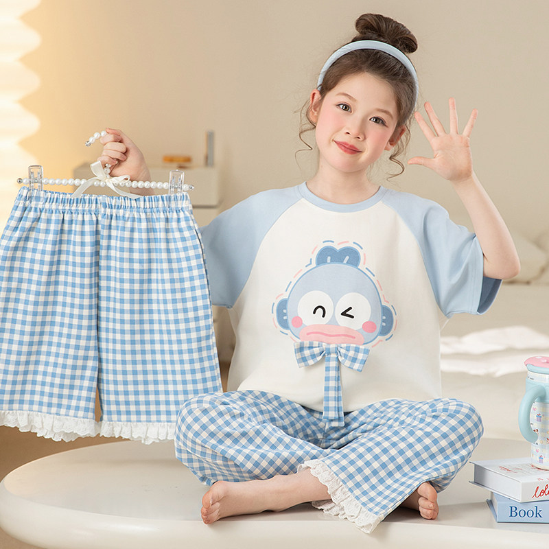 2026新款纯棉女童公主风睡衣卡通中大童三件套外穿女孩家居服套装