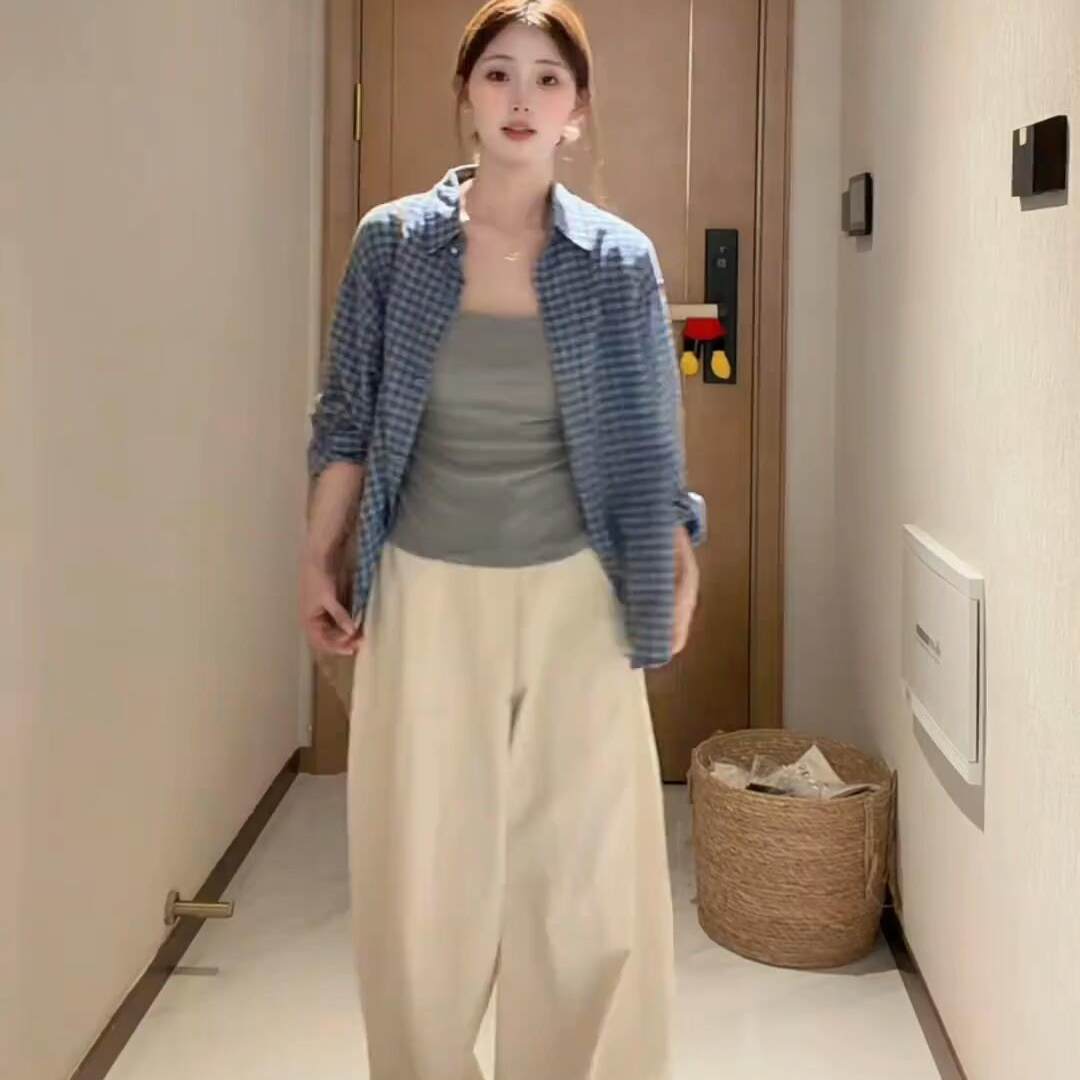 法式通勤蓝色格子衬衫外