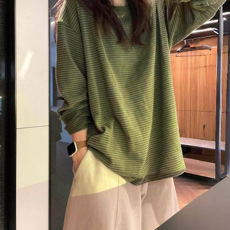 大尺码绿色条纹长袖T恤女