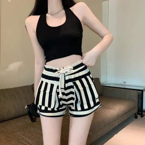 高腰条纹短裤女夏季松紧