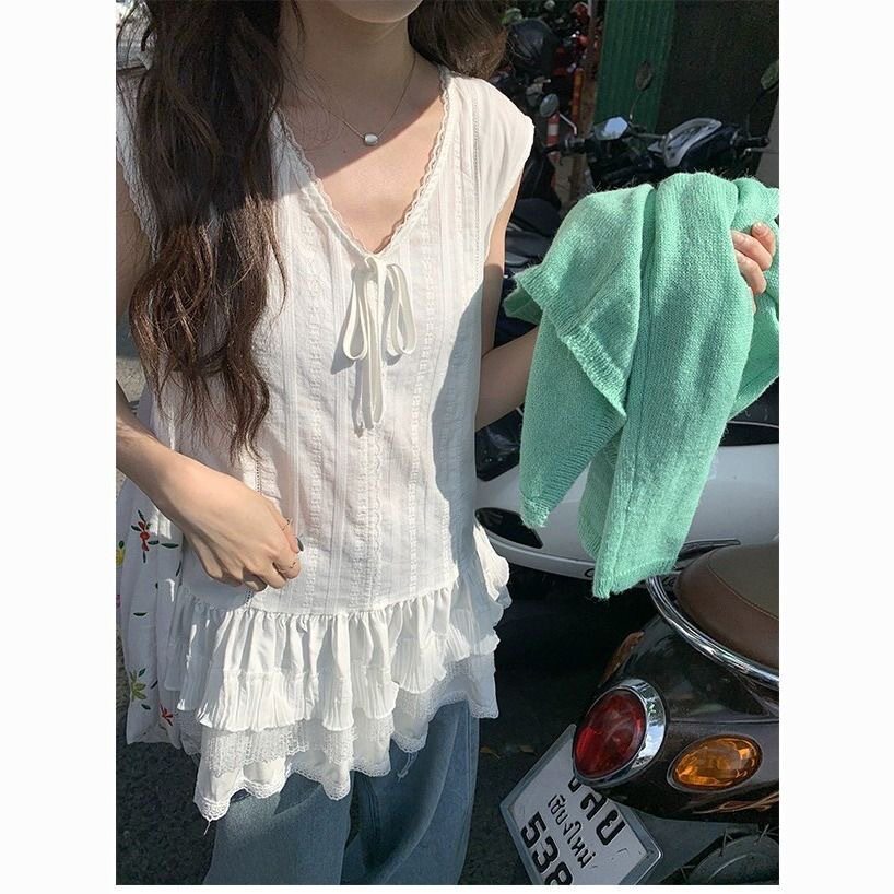 春季纯欲少女蕾丝蛋糕下摆无袖背心裙甜美百搭叠穿小众吊带上衣女