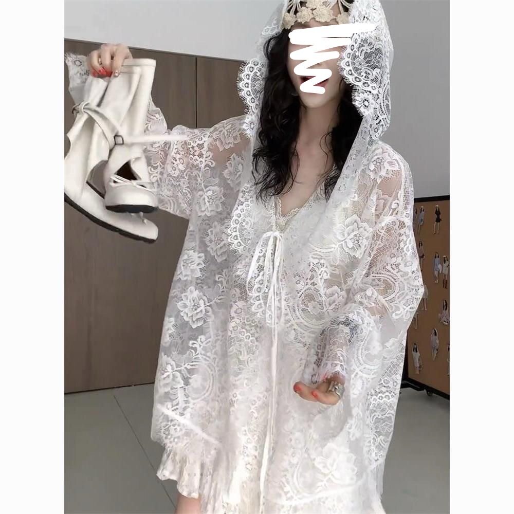 法式蕾丝钩花连帽长袖防