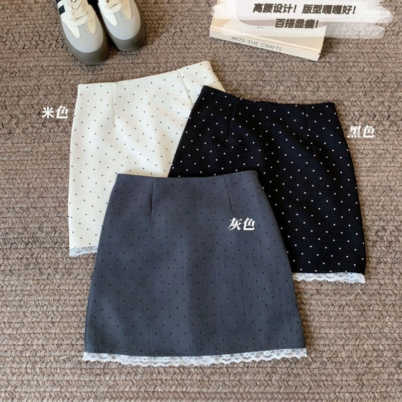 蕾丝拼接波点半身裙女春