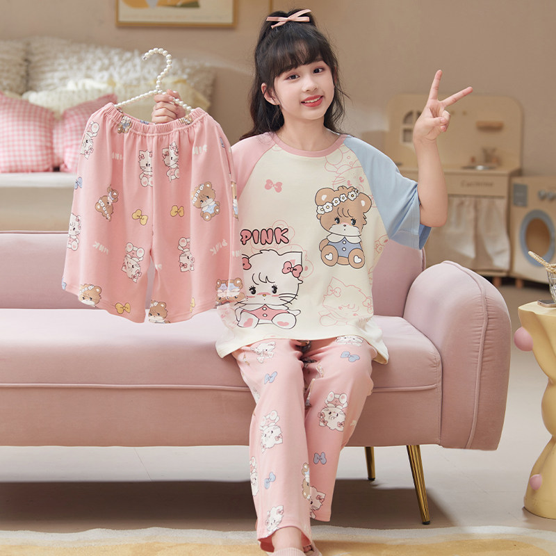 女童睡衣夏款纯棉短袖儿童三件套薄款洋气女孩家居服夏季2025新款