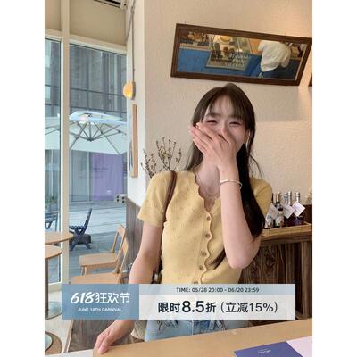 切糕自制小个子t恤夏季针织上衣短款女新款设计感气质黄色短袖
