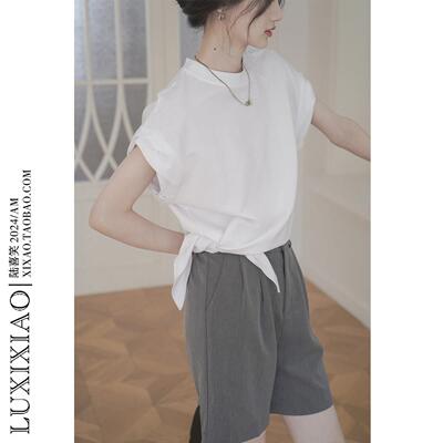 LUXIXIAO 短袖t恤女圆领宽松卷袖绑带设计感纯色纯棉上衣外穿韩版