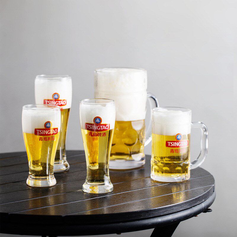 商用青岛啤酒杯大号扎啤杯水杯泡茶杯酒吧大容量加厚带把玻璃杯