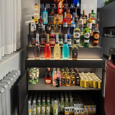调酒台威士忌酒柜 工业风酒吧发光酒架展示柜落地式带灯台面酒柜