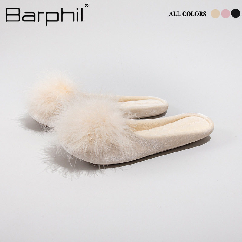 Barphil毛毛拖鞋晨袍女款风平底软底保暖居家真毛室内家居鞋防滑