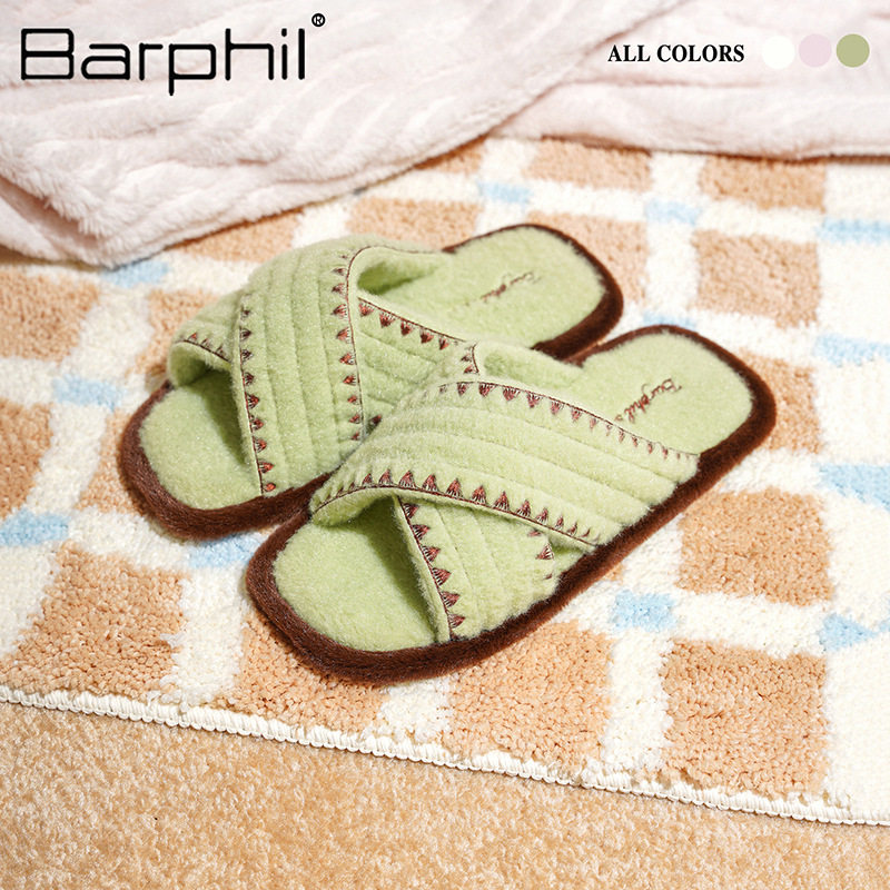 Barphil拖鞋女秋冬棉鞋室内家居防滑柔软复古小众平底一字拖批发
