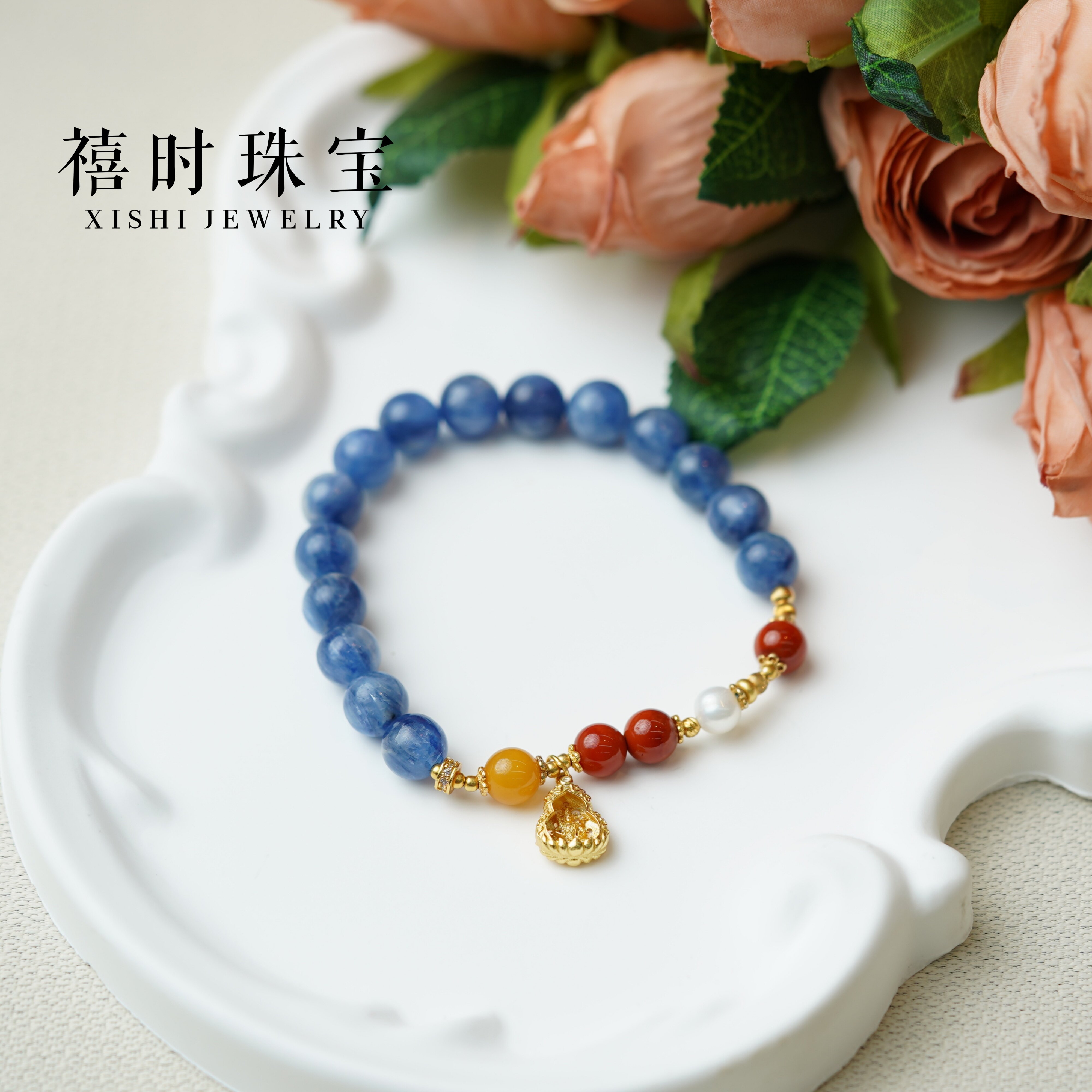 天然蓝晶石南红八大守护神手串吉祥物纯银镶嵌彩色圆珠男女适用