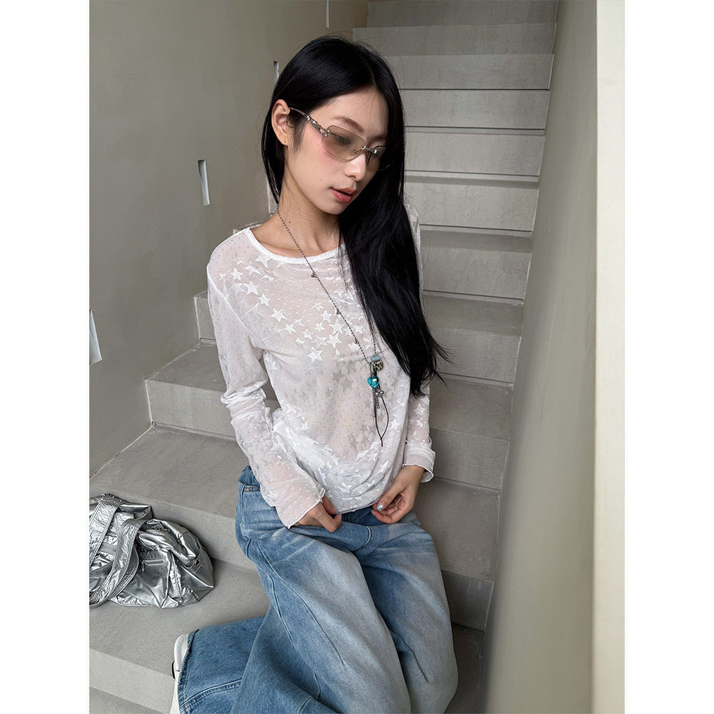 [9hour]蕾丝星星ins内搭打底T恤女秋季白色圆领修身长袖上衣5793
