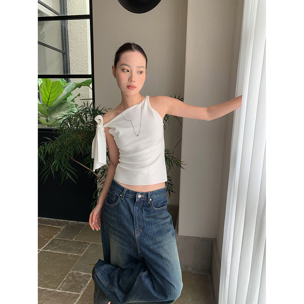 [9hour]美式辣妹风露肩背心女 2025春夏不规则绑带斜肩上衣c0653