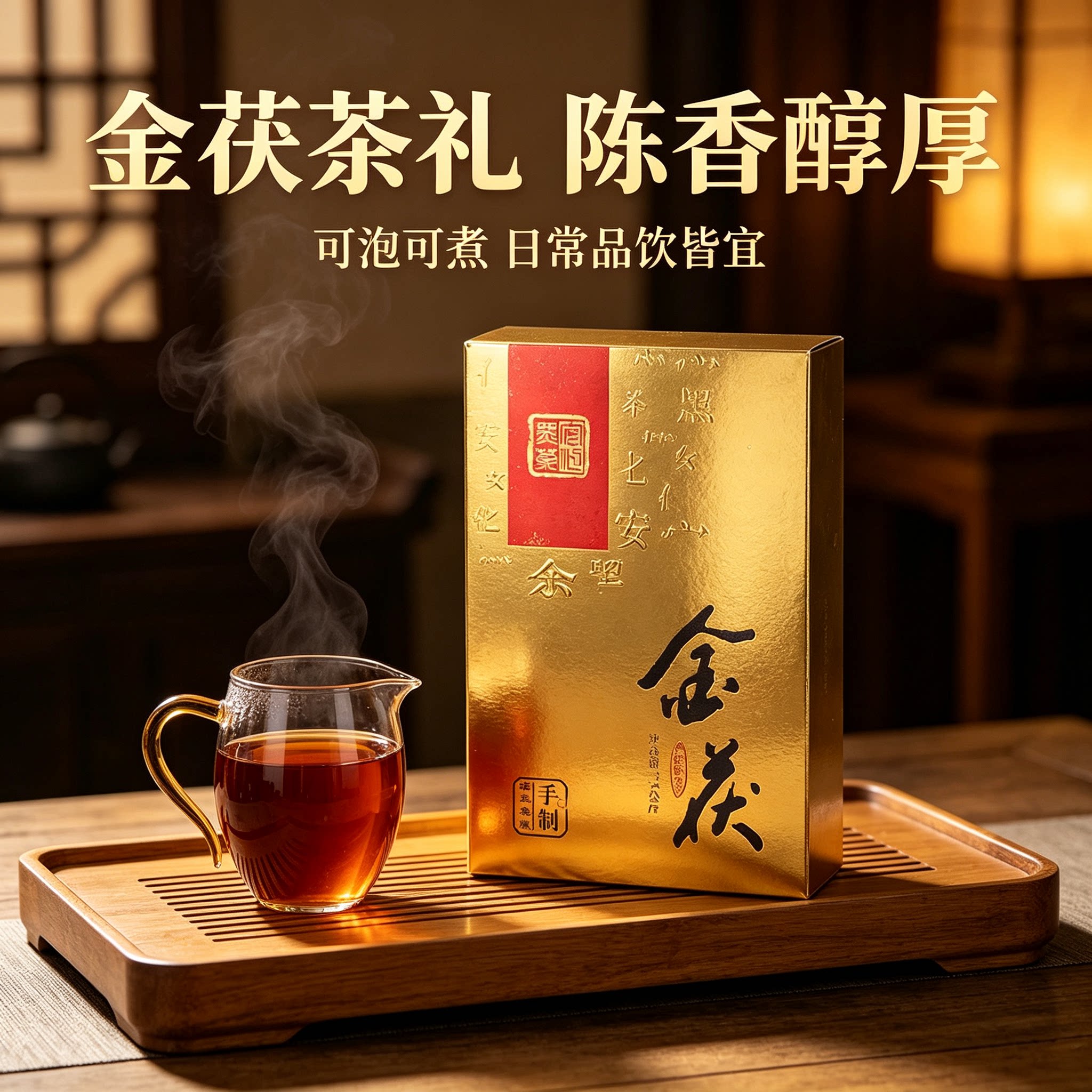 湖南安化黑茶金茯手筑茯砖1000g礼盒装 节日送礼金花茯茶收藏茶叶