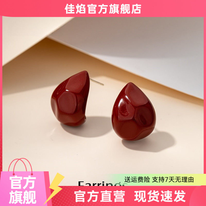 水滴红耳饰纯银复古耳钉