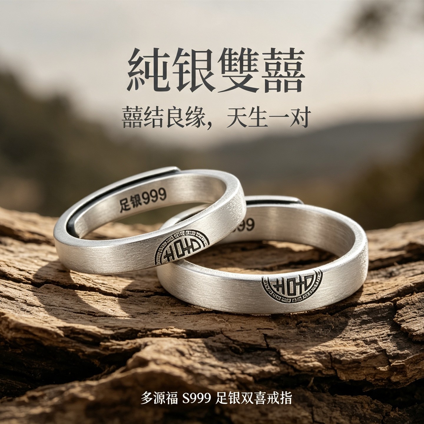 足银S999纯银戒指双喜男女款情侣对戒民族复古风指环小众七夕礼物