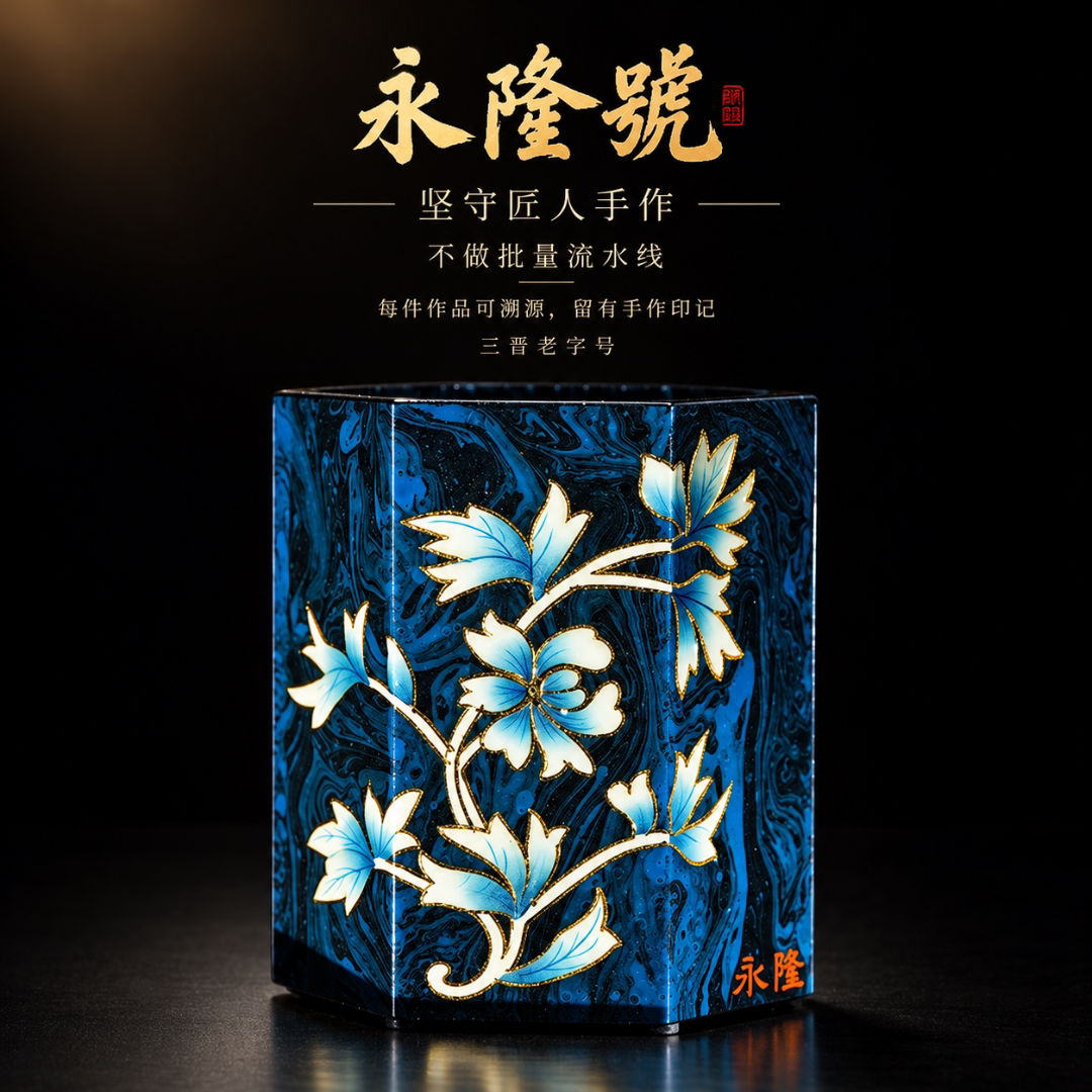 永隆号平遥推光漆器六角青花笔筒新中式非遗产品13cm