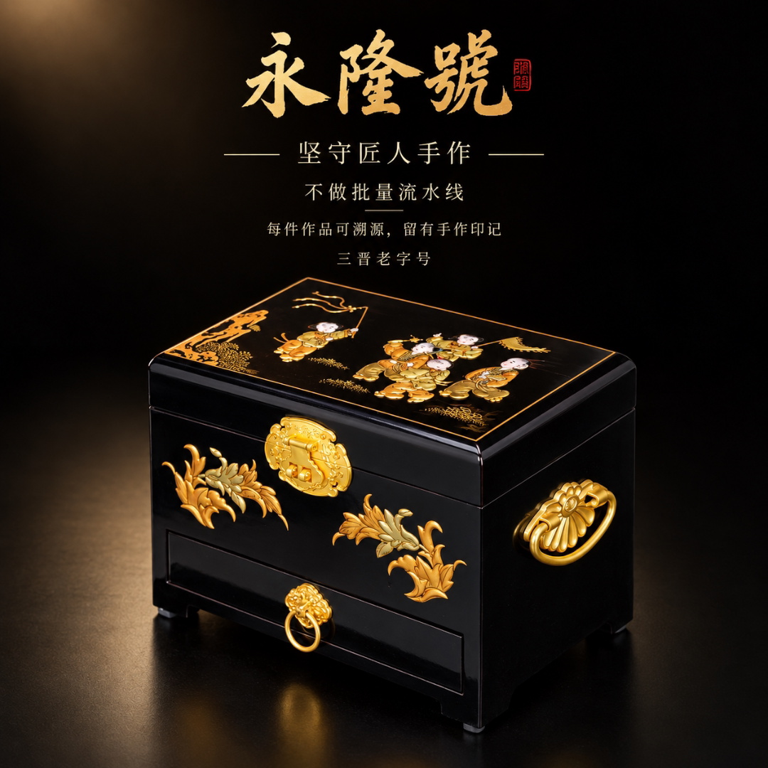 永隆号平遥推光漆器黑底五子柜新中式收藏品非遗产品21cm