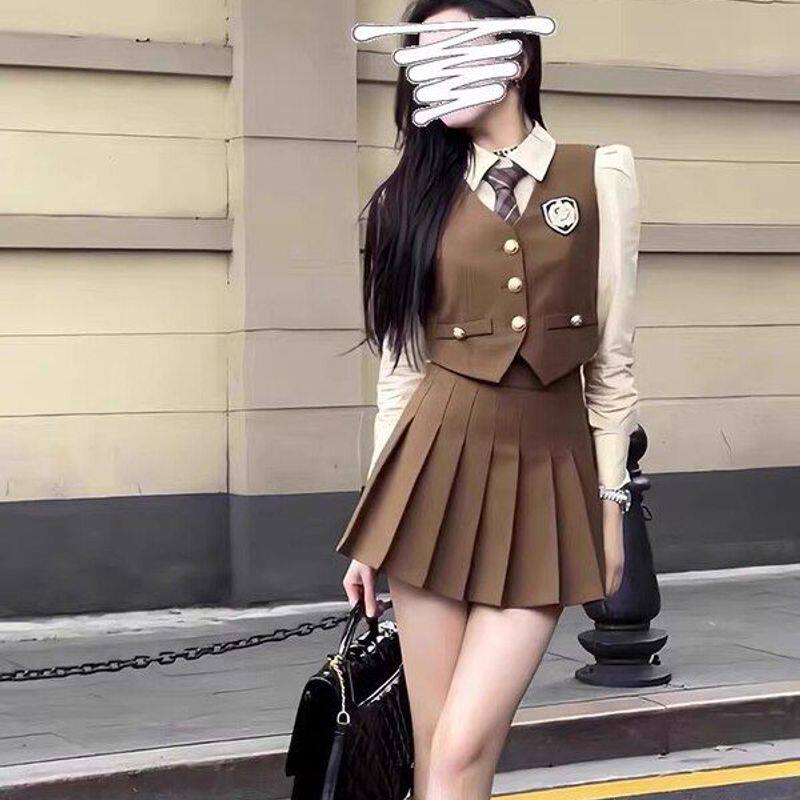 韩剧学院风套装女秋季小个子英伦西装马甲衬衫百褶裙jk制服三件套