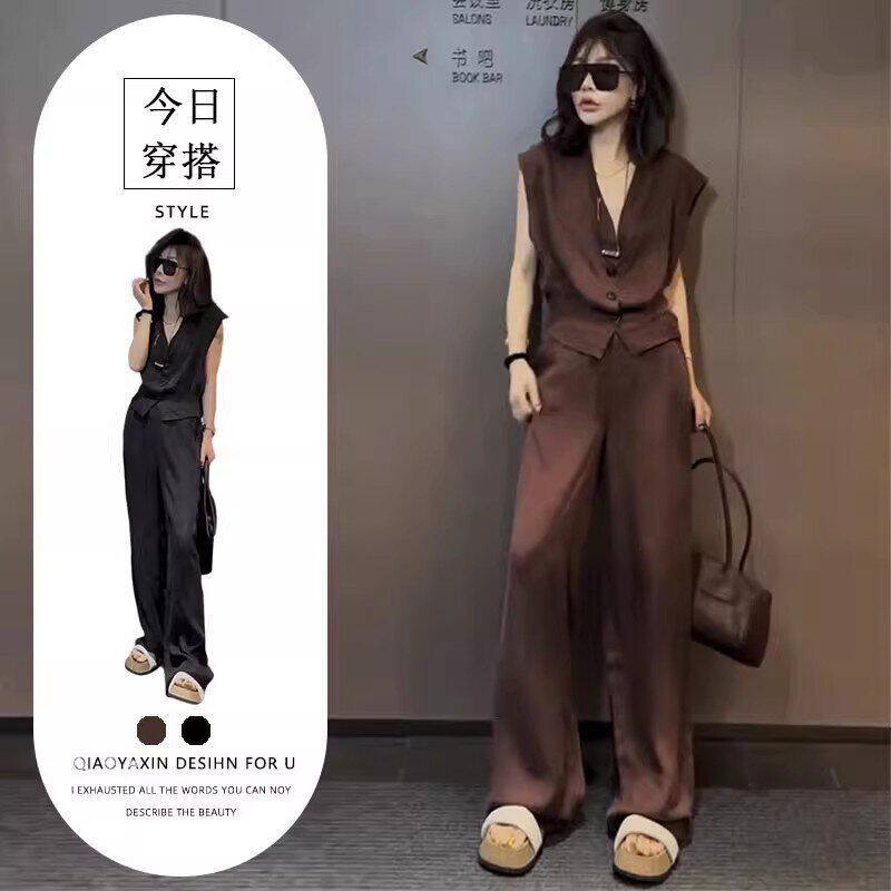 单件/时尚气质休闲装女夏薄款2025新款V领无袖马甲显瘦阔腿裤潮流
