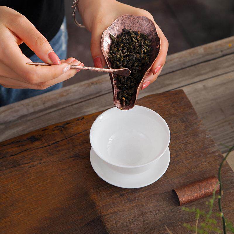 锤目纹茶艺手工茶荷纯铜仿古茶则茶匙茶勺茶针荷叶形禅意茶道配件