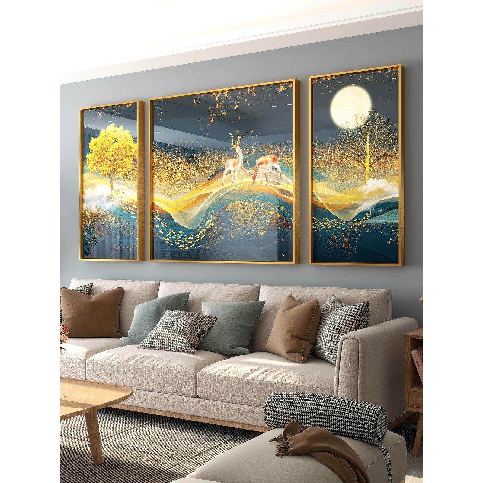 晶瓷画客厅装饰画现代简约沙发背景墙画新中式山水麋鹿三联壁挂画