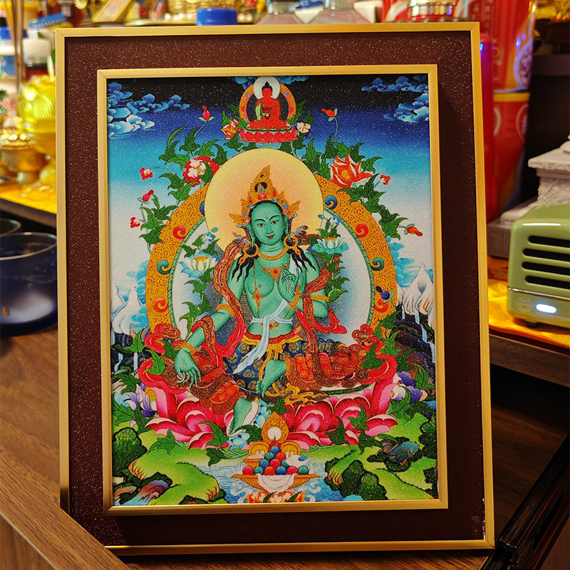 绿度母佛像摆台相框画像挂画唐卡画像桌摆高清结缘铝合金佛堂玄关图片