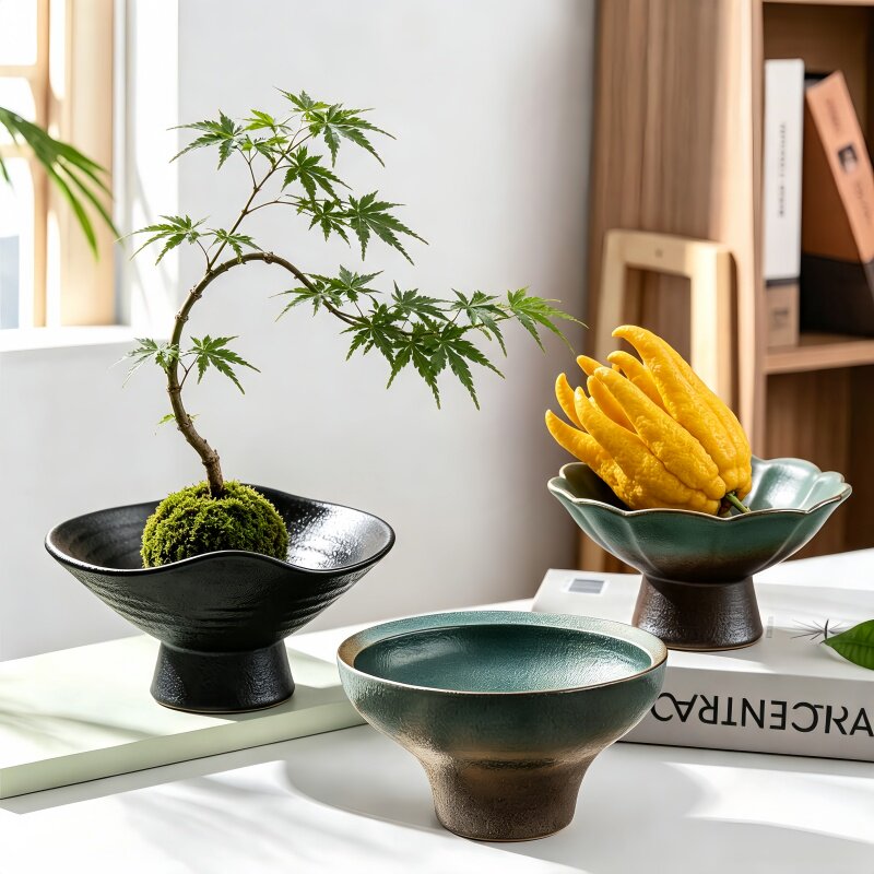 流泉枫佛手柑托盘陶瓷花盆中式佛手果水培器皿专用苔藓球植物花瓶