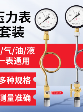 Y100压力表水压气压套装不锈钢缓冲管球阀三通旋塞阀管道打压检测