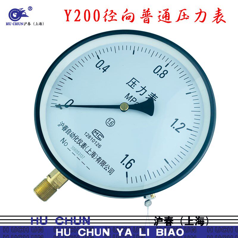 大表盘普通压力表Y200水压气压表1.6MPa/M20*1.5径向沪春