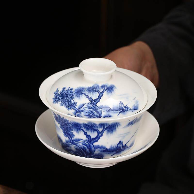 盖碗茶杯特大号陶瓷茶具功夫单个泡茶碗三才杯白瓷青花家用手马小