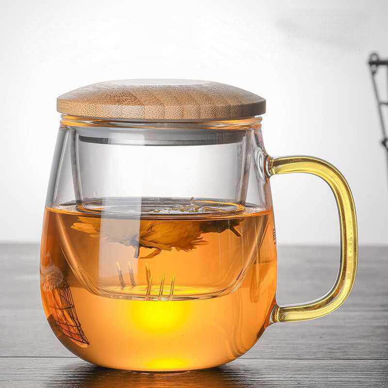 玻璃茶杯木盖带把茶水分离泡茶杯加厚透明水杯高硼硅耐热玻璃杯