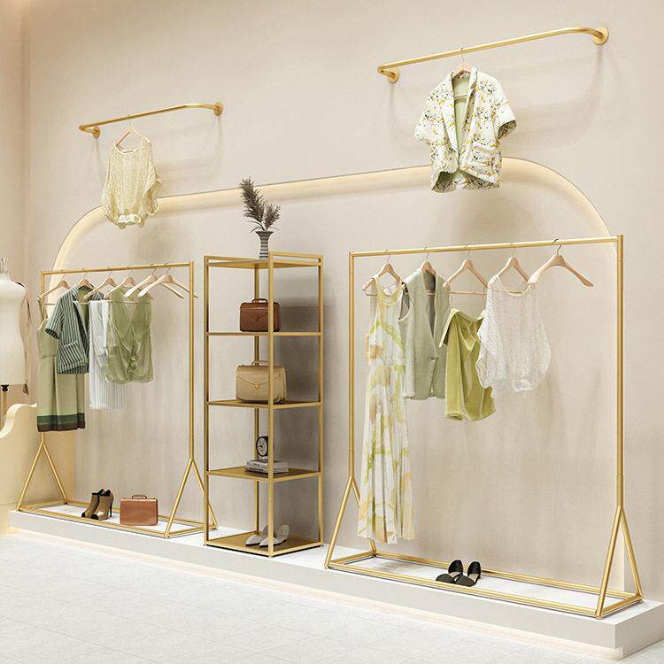 服装店展示架女装童装店落地式挂衣架金色中岛陈列货架上墙正挂架