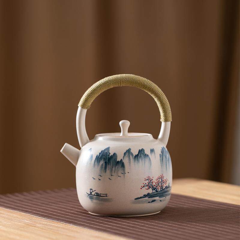 复古手绘提梁壶茶具功夫茶壶烧水壶陶瓷煮茶壶陶壶大号大容量明火