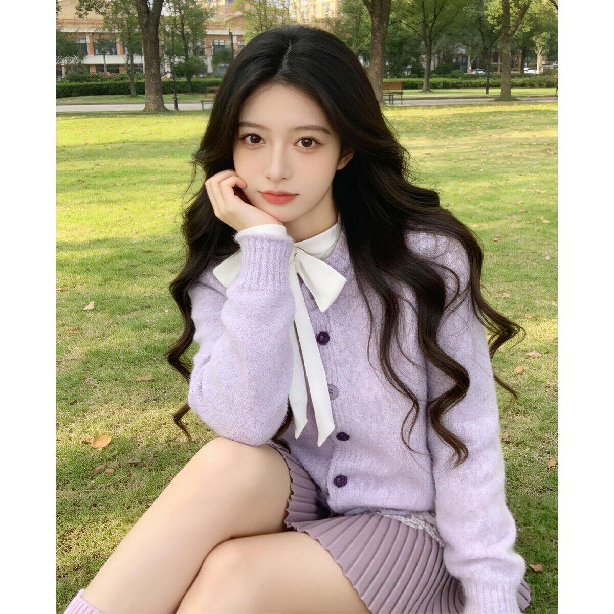 紫色毛衣开衫百褶裙套装女春季独特漂亮韩系穿搭一整套