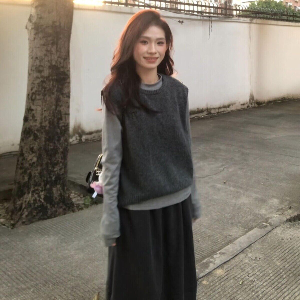 小个子香风韩系穿搭一整套针织毛衣马甲套装裙子女早春季2026新款