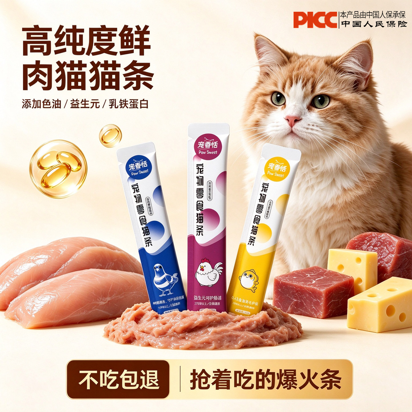 宠香恬猫咪猫条零食纯肉湿粮营养无添加补水幼猫主食猫粮鱼油美毛