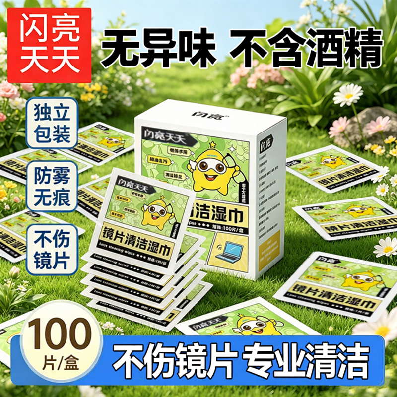 闪亮眼镜镜片布清洁湿巾100片装防雾无痕不伤镜片无酒精专业擦拭