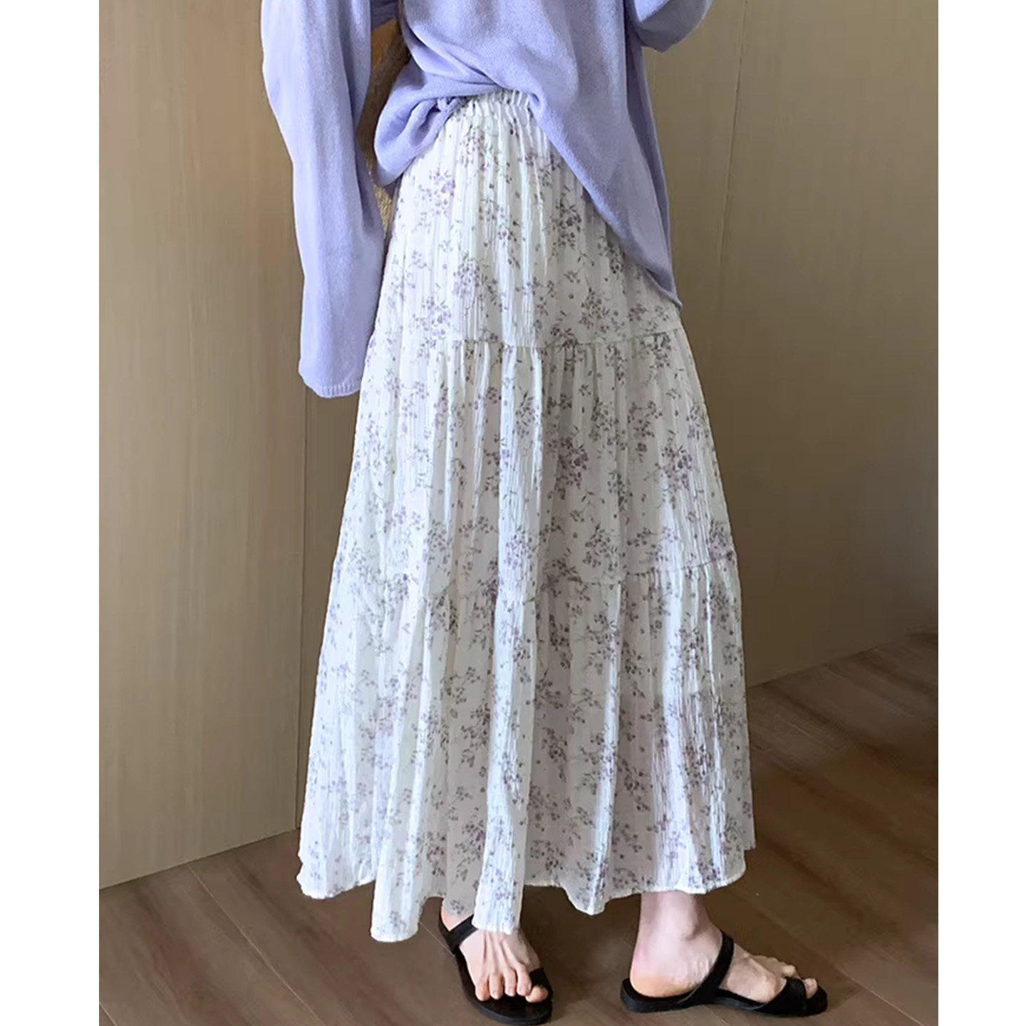法式紫白小碎花蛋糕半身裙女2026新款大码胖mm垂感飘逸A字半身裙