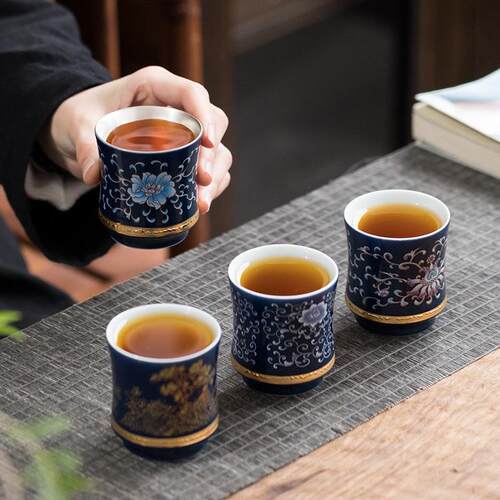 珐琅彩主人杯家用杯陶瓷茶杯功夫茶具品茗杯中号杯子带包