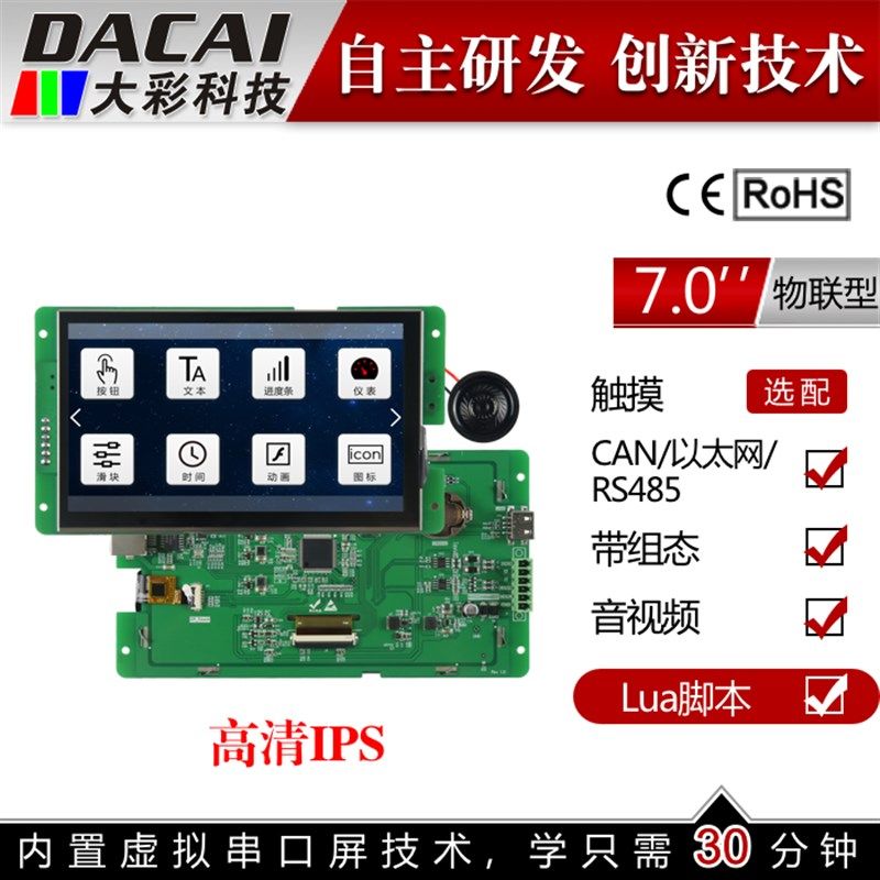 7寸1024*600 6P 以太网/CAN/RS485通讯接口广州大彩液晶显示屏