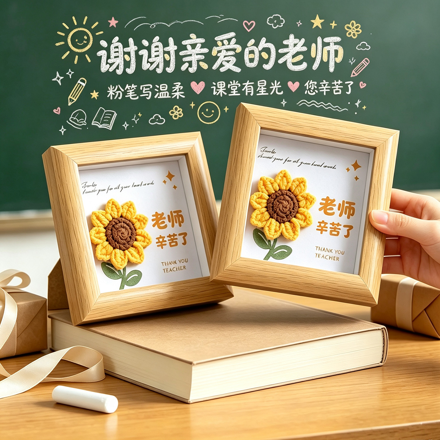 教师节手工钩织向日葵相框摆件