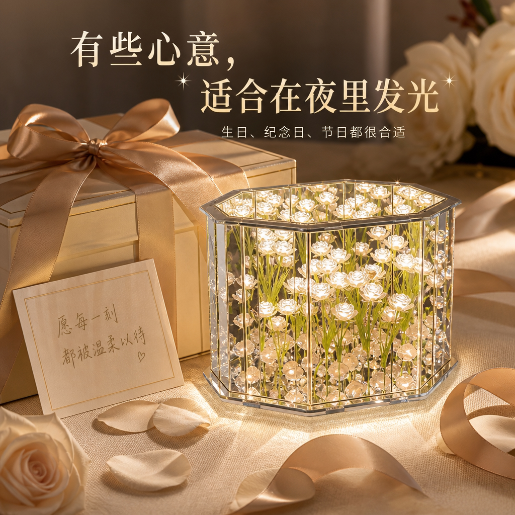 八边形玫瑰花海小夜灯diy材料包