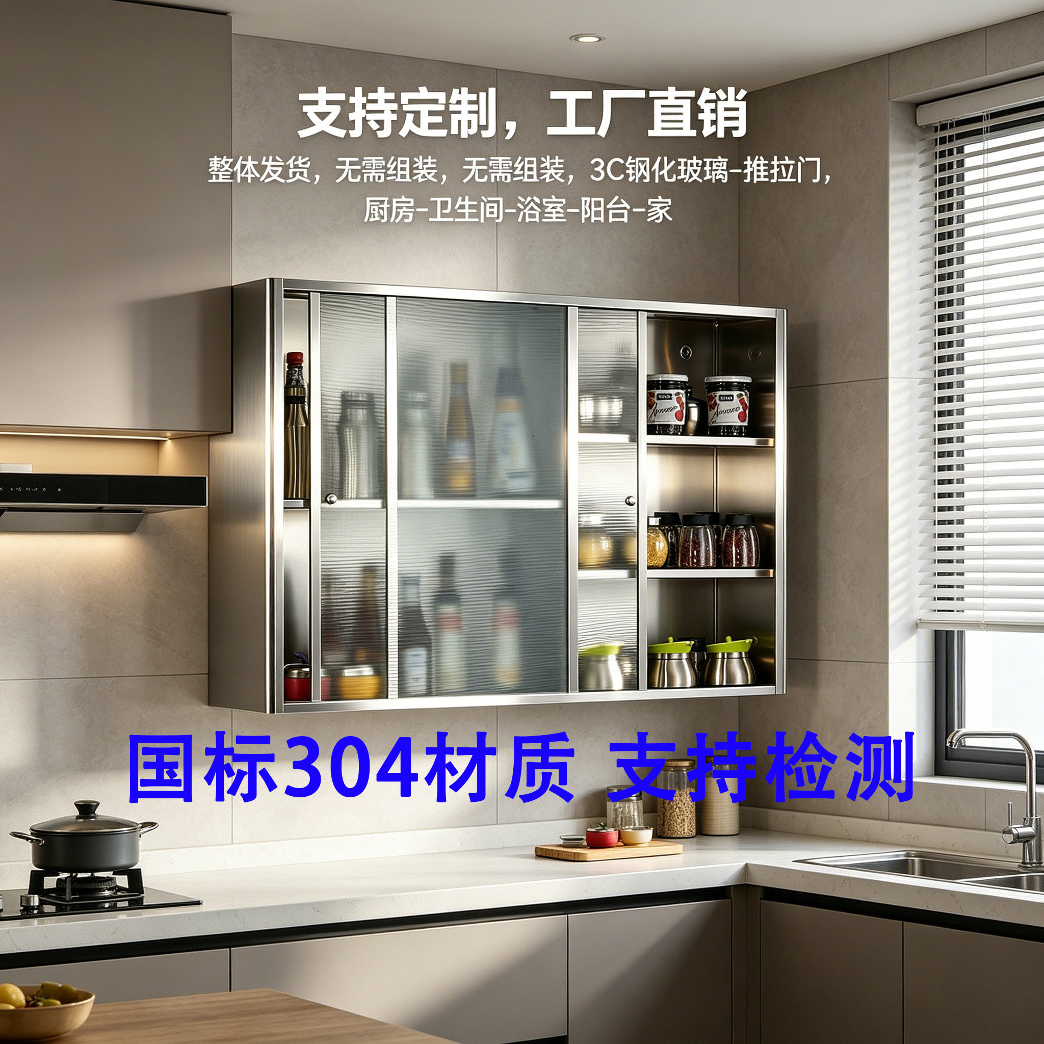 国标304厨房不锈钢吊柜碗碟调料收纳储物推拉门墙上浴室储物壁柜