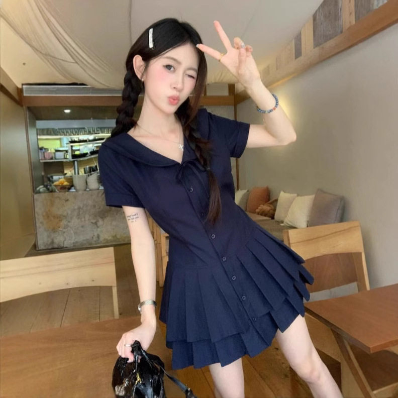 藏青色娃娃领短袖连衣裙2025连衣裙