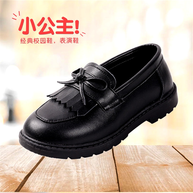黑色秋季新款软底百搭风女童皮鞋