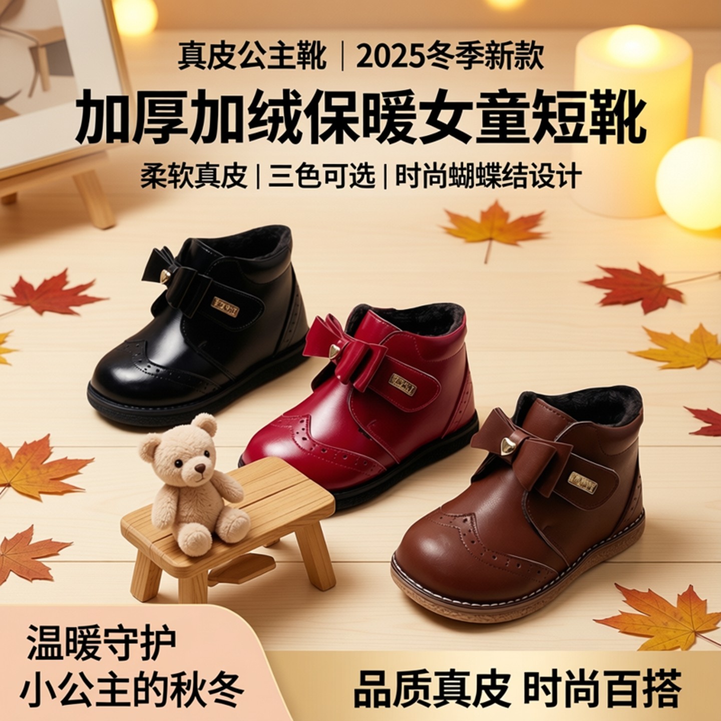 女童短靴真皮二棉鞋公主儿童靴子2026冬季加厚加绒皮靴保暖红色